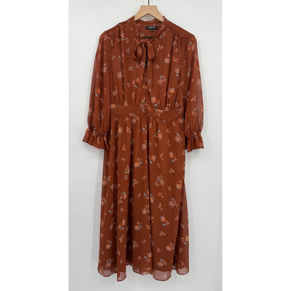 Madewell Dress Womens 10 Brown Floral Tie Neck Long Sleeve Midi Chiffon Lined